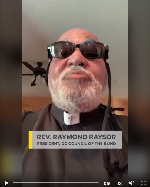 Black man wearing sunglasses. Label reads Rev. Raymond Raysor, President, DC Council of the Blind.