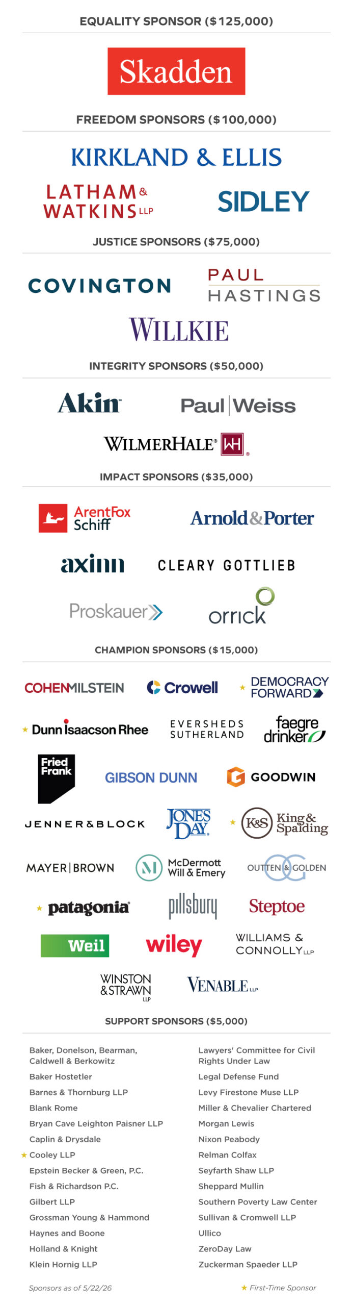 Sponsor logos for a legal event, organized by contribution level: Equality, Freedom, Justice, Integrity, Impact, Champion, Advocate, and Support. List of firms appears at the bottom.