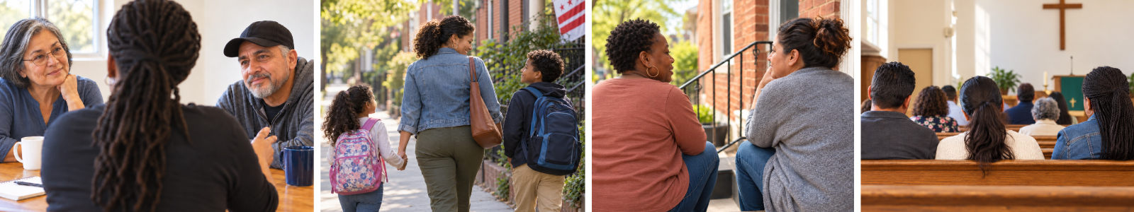A collage showing a group discussion, a parent walking children to school, two people talking on steps, and a congregation seated in a church.